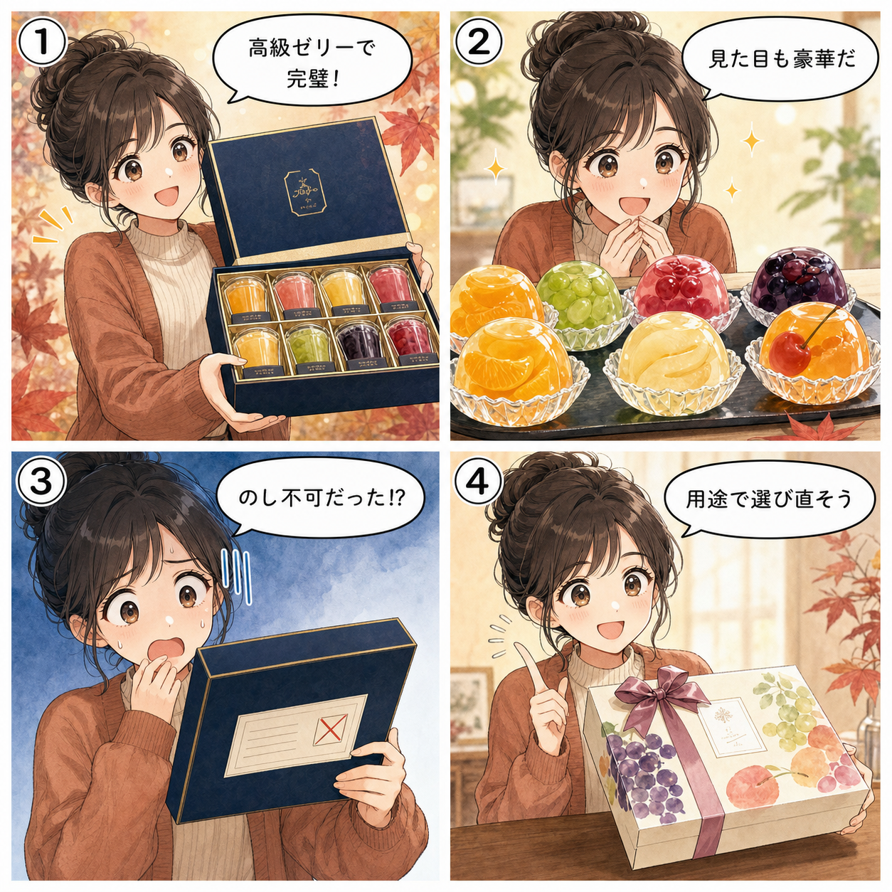 フルーツゼリーギフトを選ぶ場面の四コマ漫画