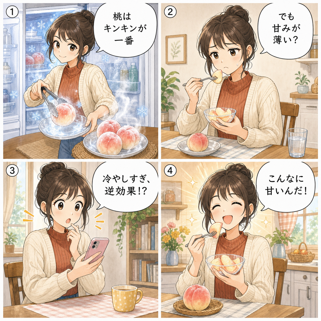秋の桃の追熟と食べ頃をめぐる四コマ漫画