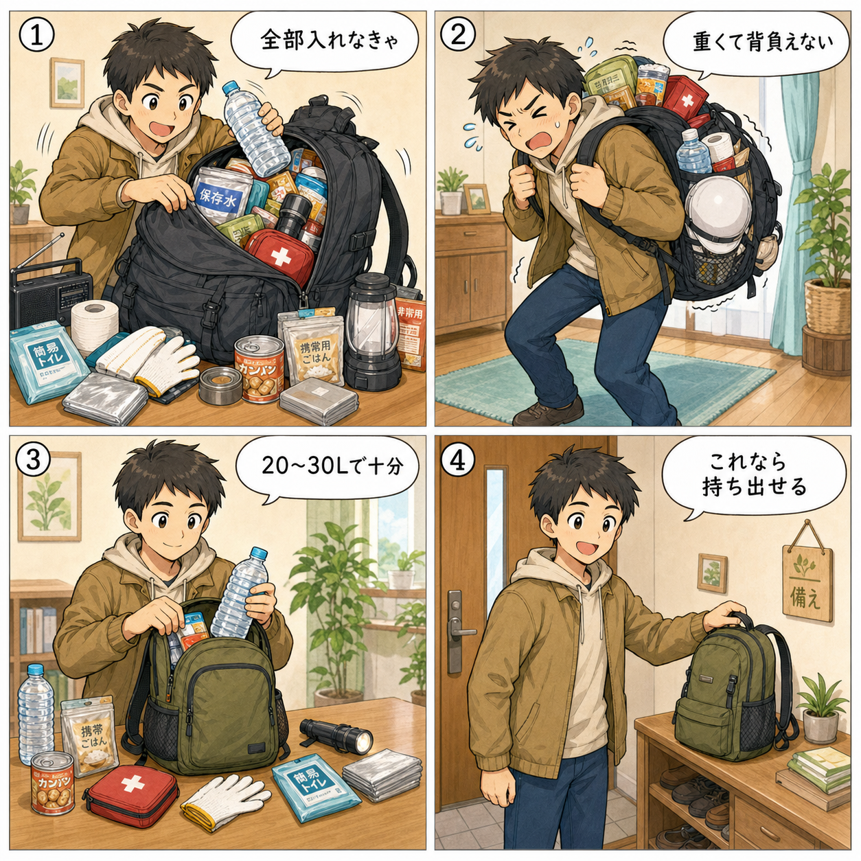 防災リュック選びの4コマ漫画