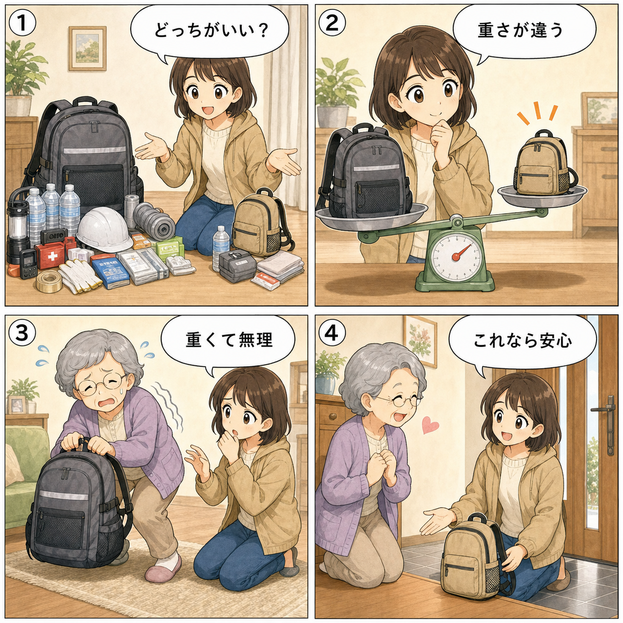 敬老の日の防災セット選びの4コマ漫画