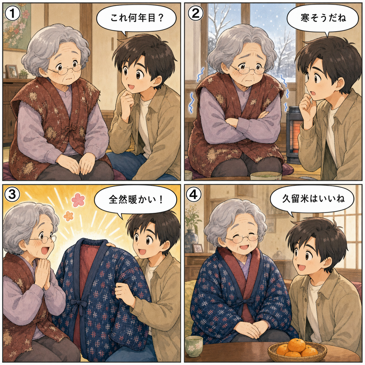 敬老の日のちゃんちゃんこ・はんてん選びの4コマ漫画