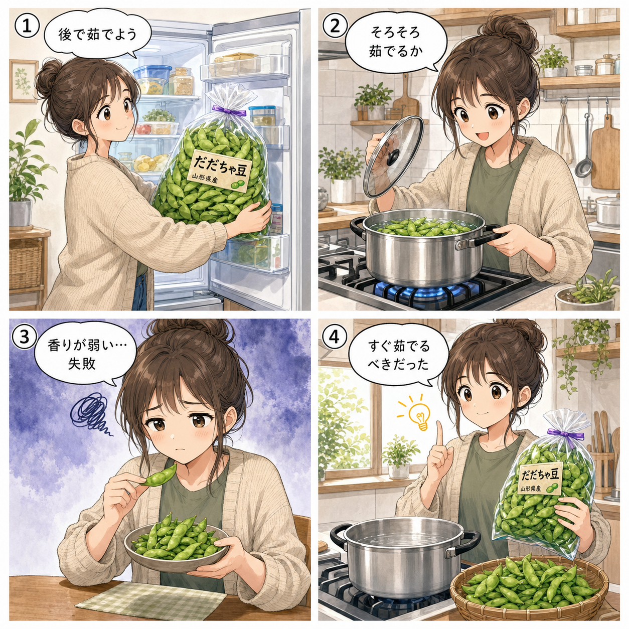 だだちゃ豆の鮮度と茹で方をめぐる四コマ漫画