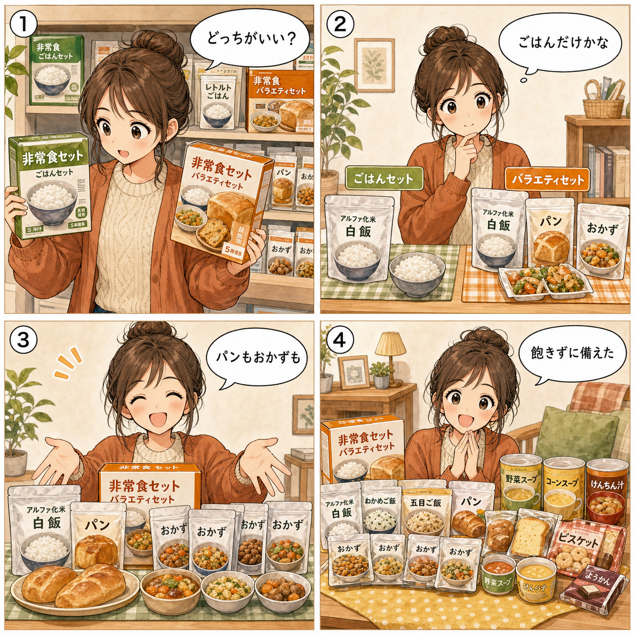 非常食セット選びの4コマ漫画