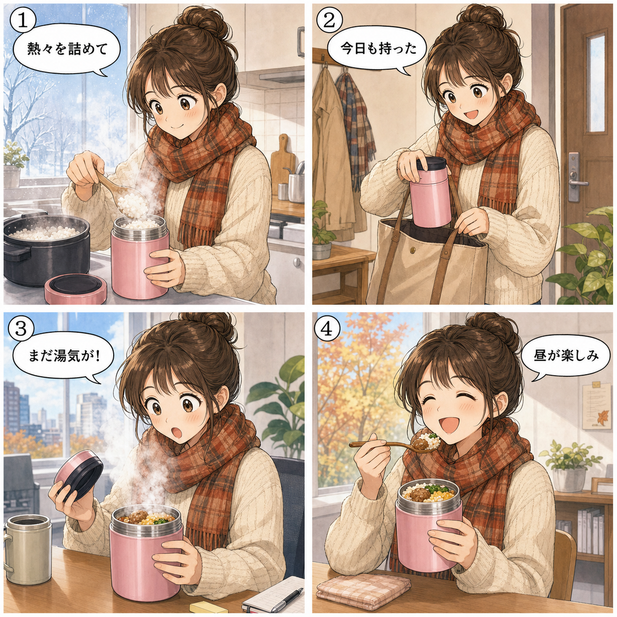 寒い日に温かいお弁当を保温弁当箱で楽しむ様子を描いた4コマ漫画