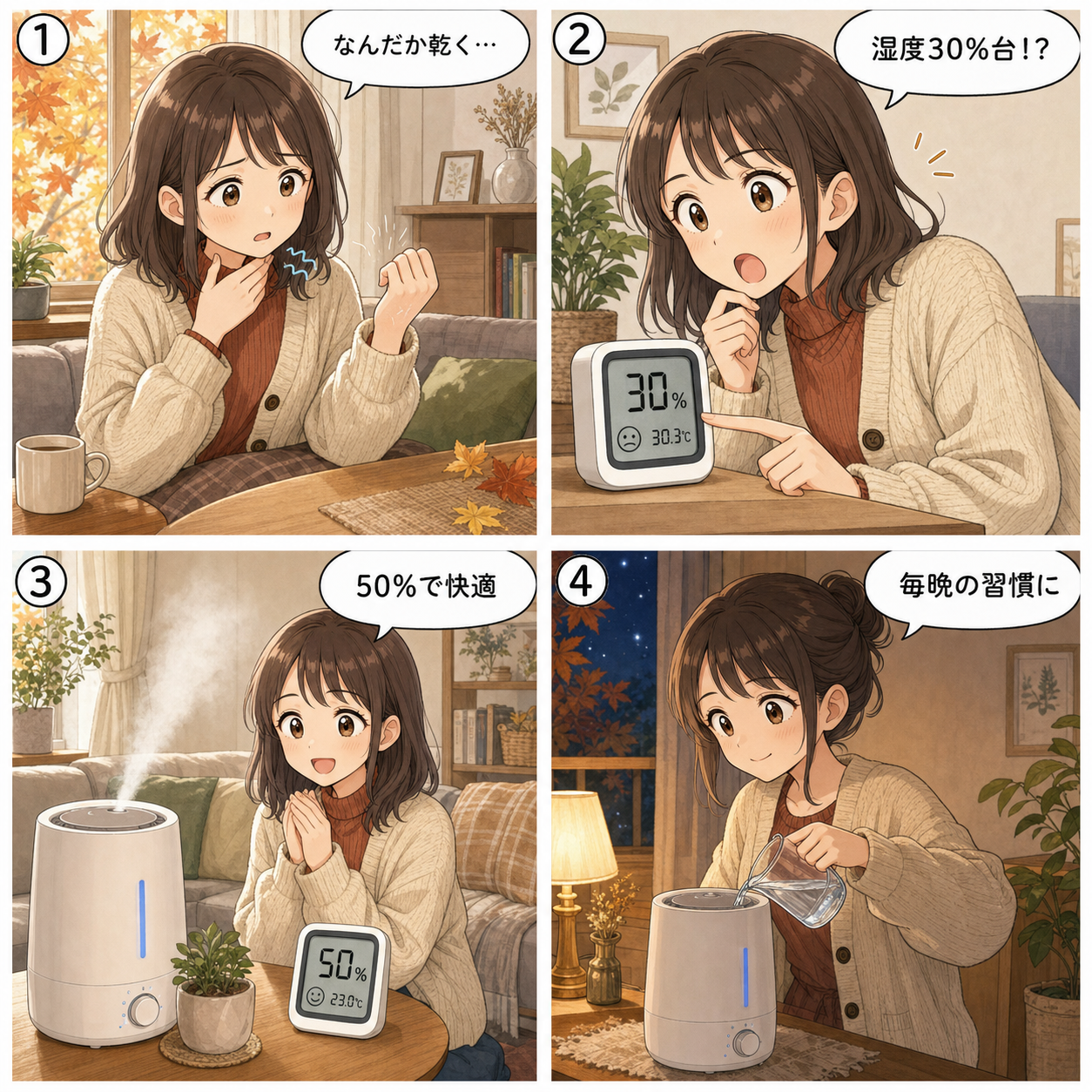 秋冬の乾燥で加湿器を選ぶ様子を描いた4コマ漫画