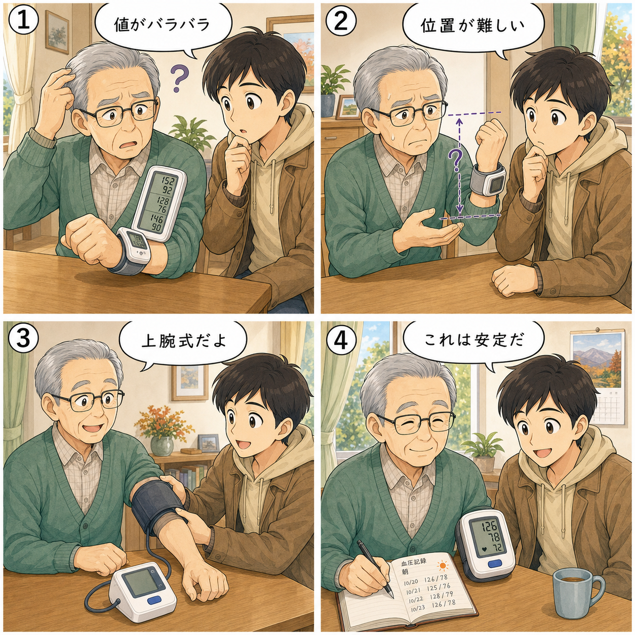 敬老の日の血圧計ギフト選びの4コマ漫画