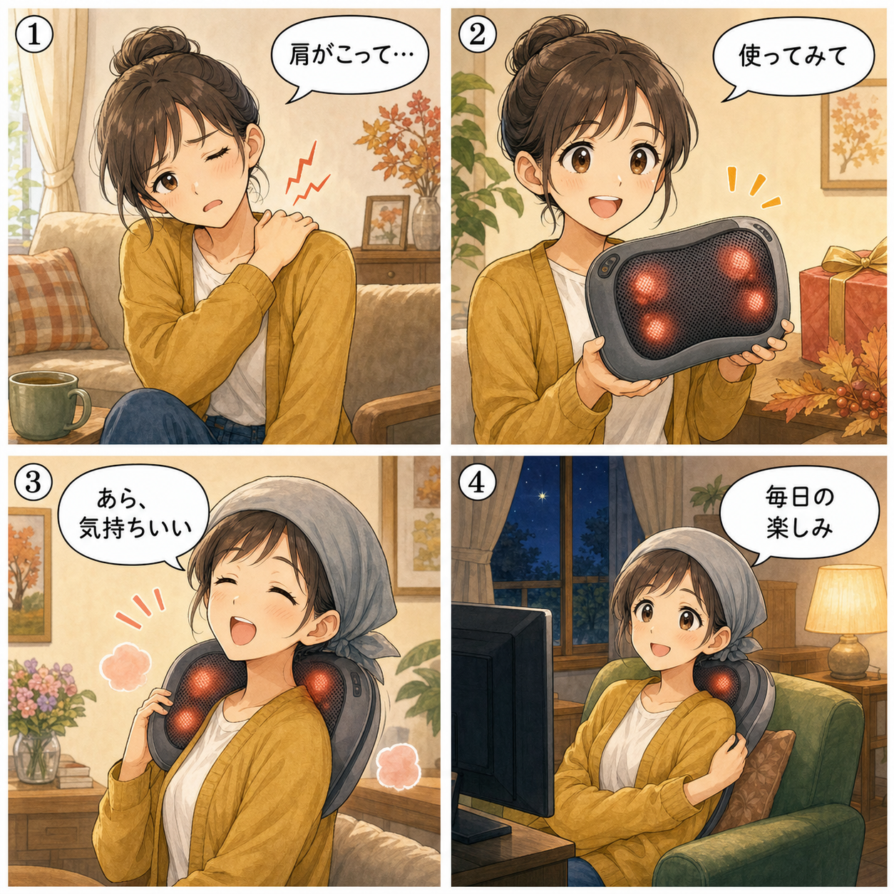 敬老の日のマッサージ機ギフト選びの4コマ漫画