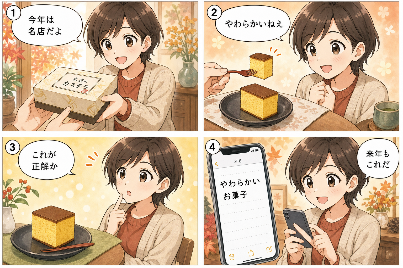 孫・子世代が祖父母へ敬老の日のスイーツを選んで贈る様子を描いた4コマ漫画