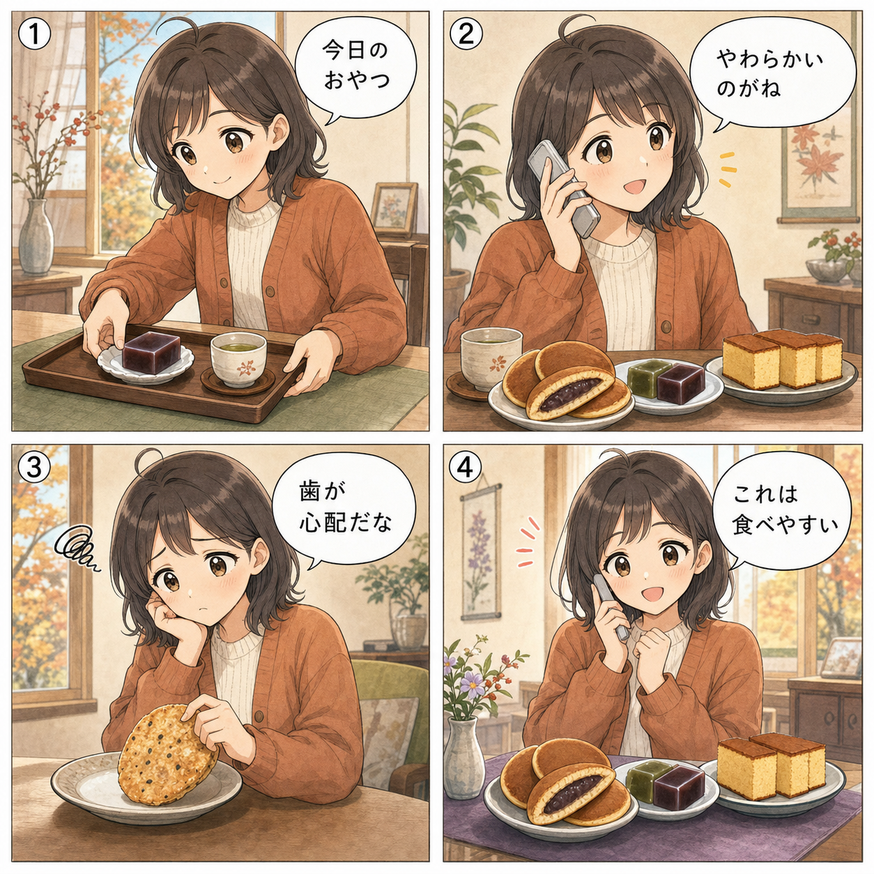 敬老の日の和菓子選びの4コマ漫画
