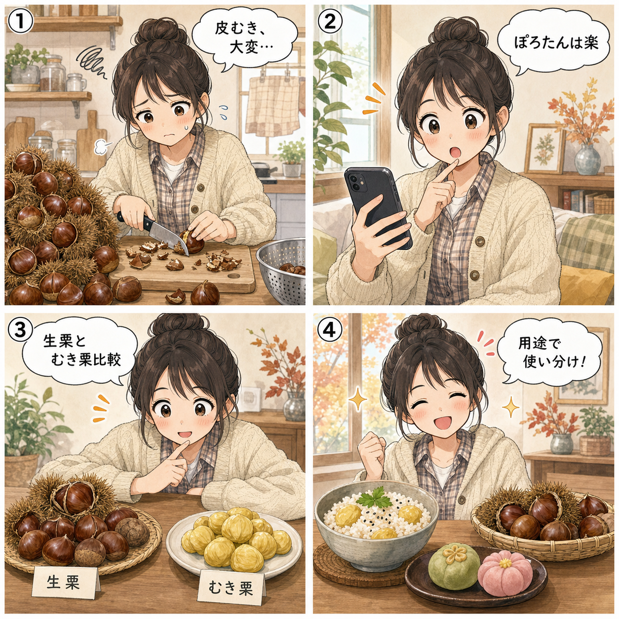 栗の品種選びと皮むきをめぐる四コマ漫画