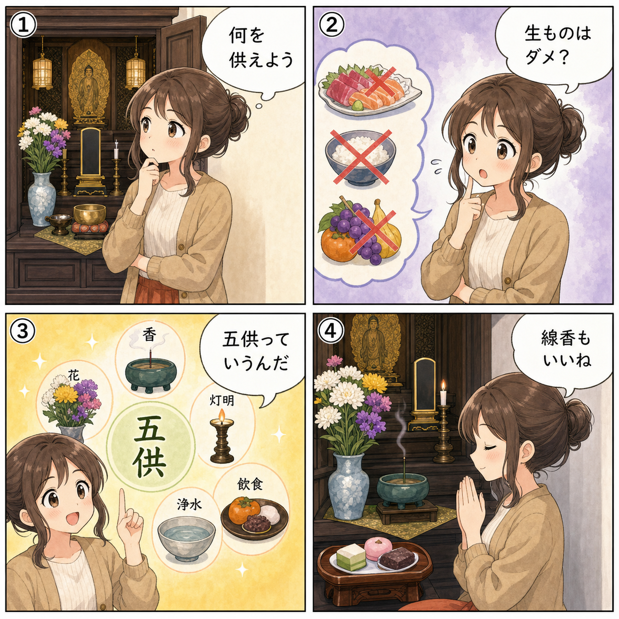 お彼岸のお供え選びの4コマ漫画