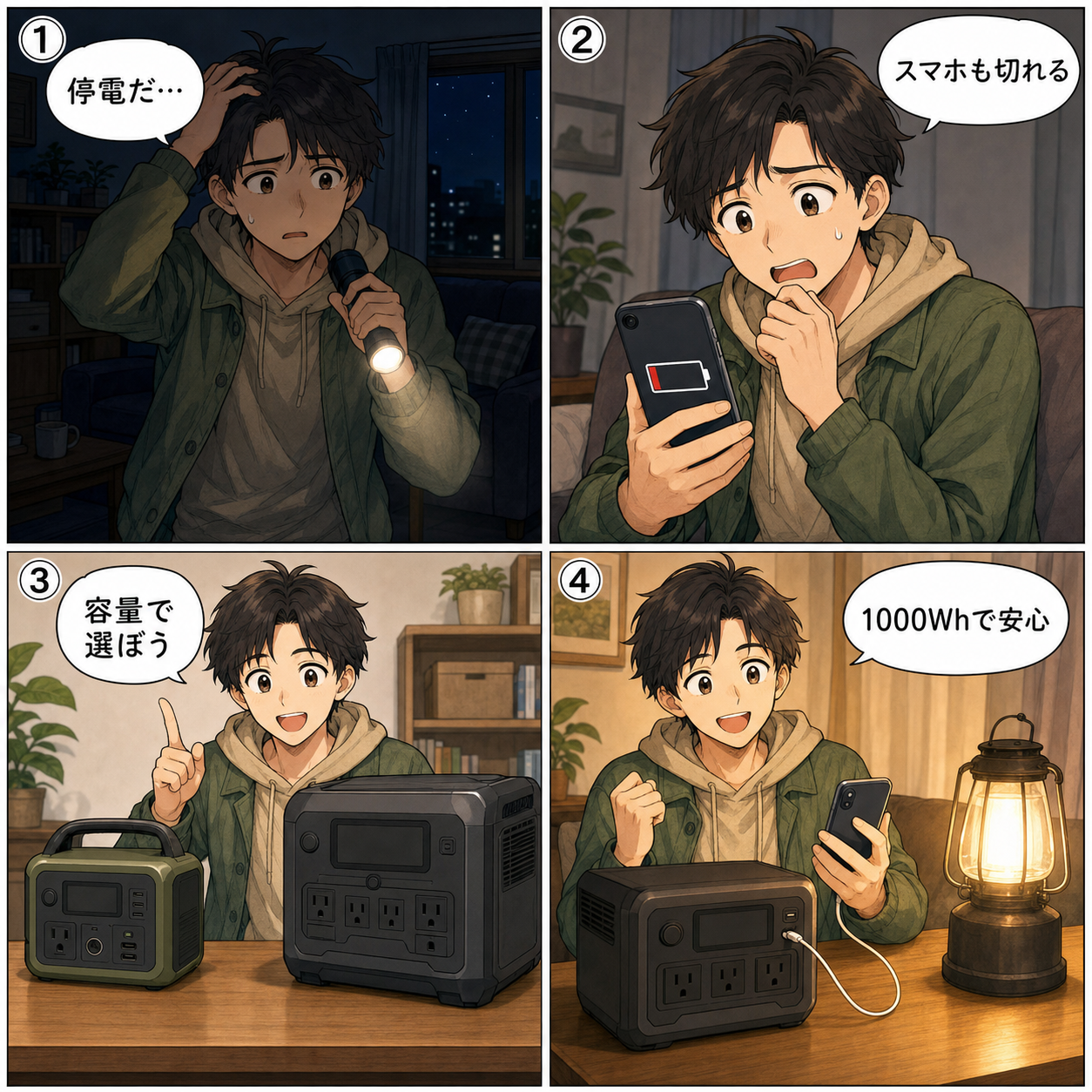 ポータブル電源選びの4コマ漫画