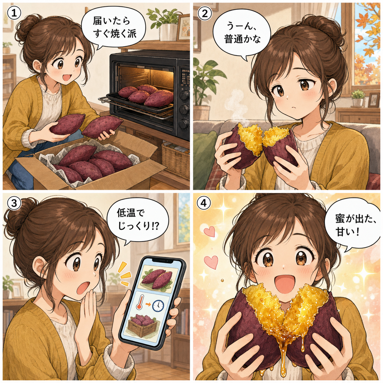 さつまいもの品種選びと焼き芋を楽しむ四コマ漫画