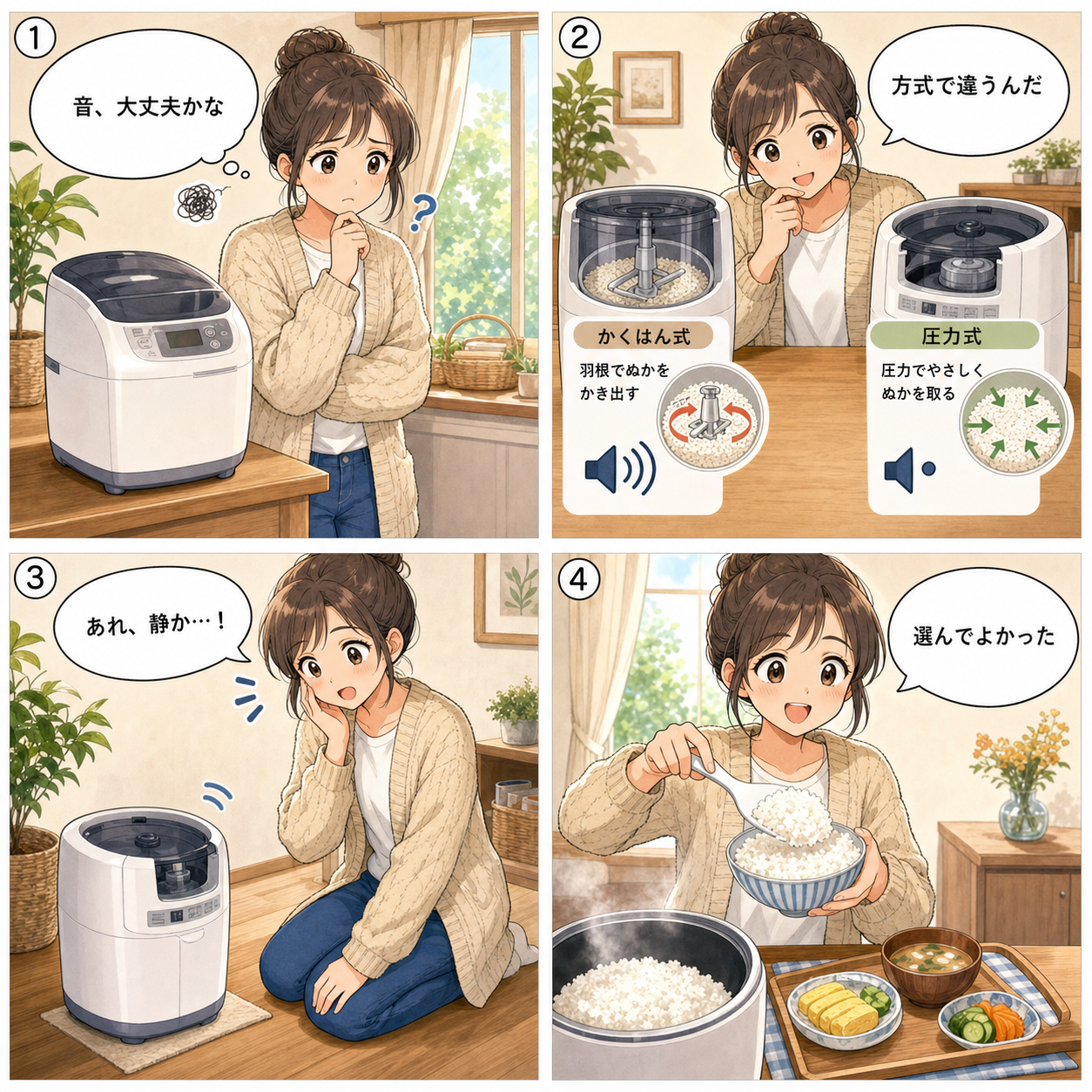 精米方式とつきたてのごはんをめぐる四コマ漫画