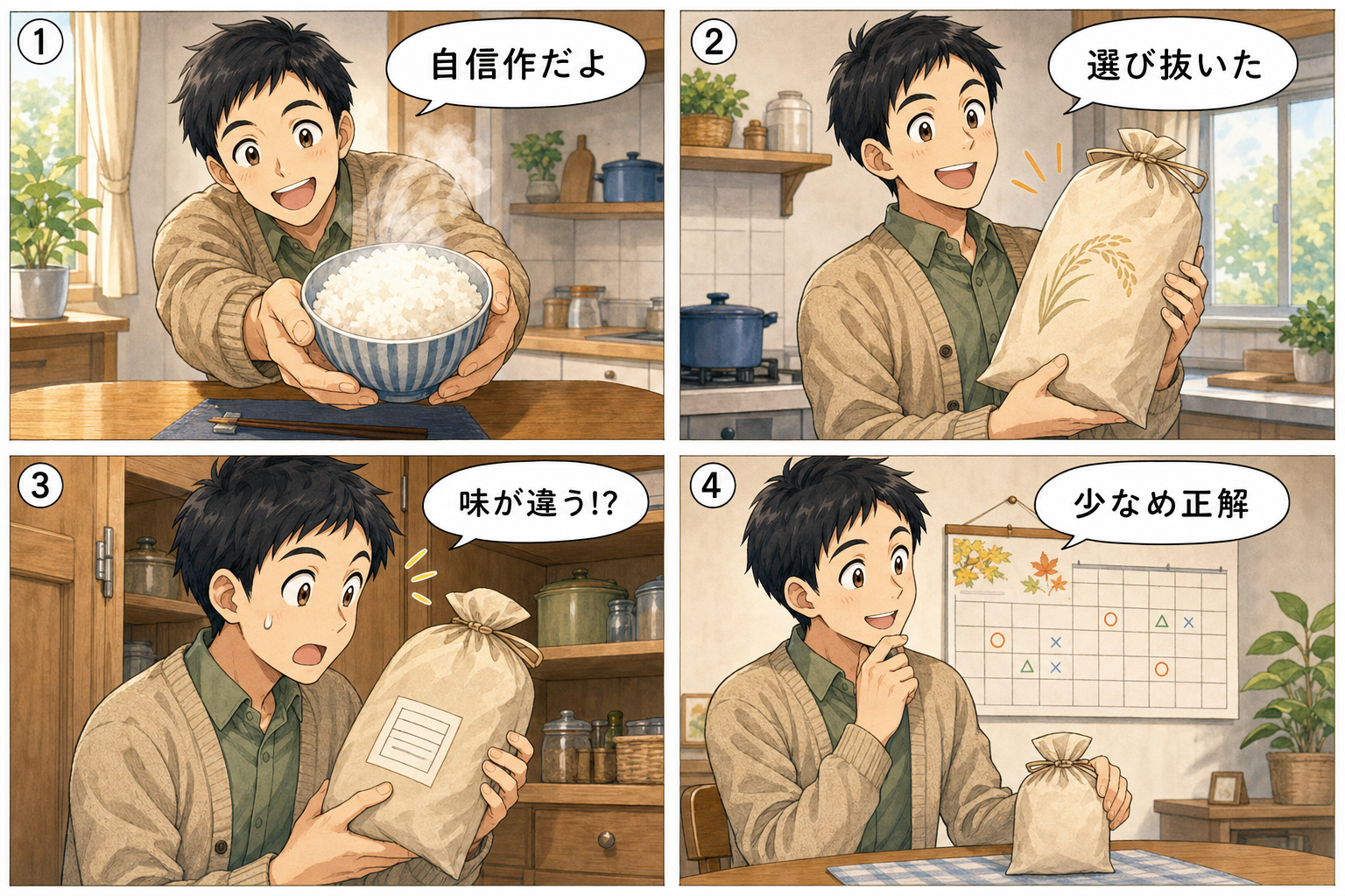 新米が届いて炊きたてを味わう家族の四コマ漫画