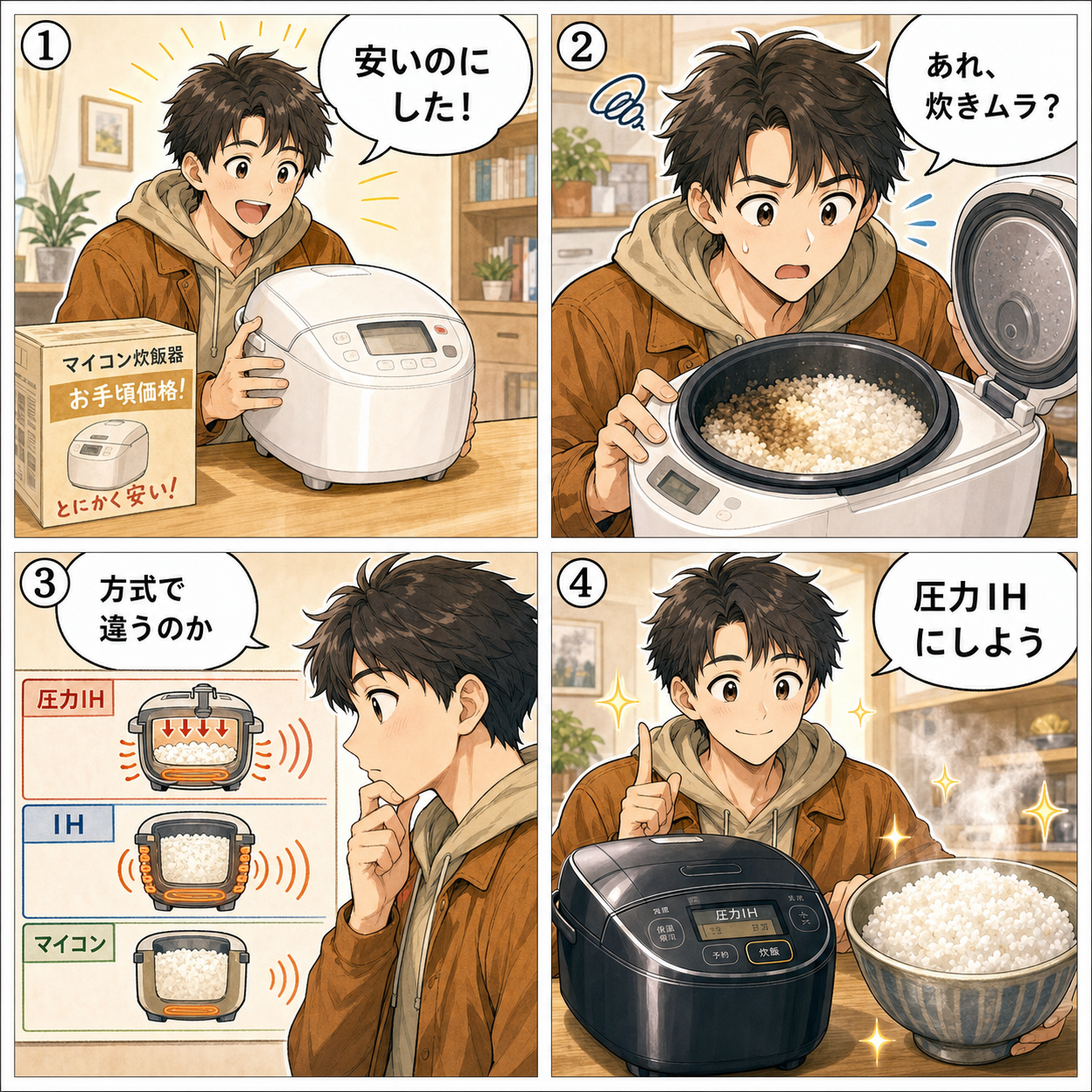 炊飯器の加熱方式と新米の炊き上がりをめぐる四コマ漫画