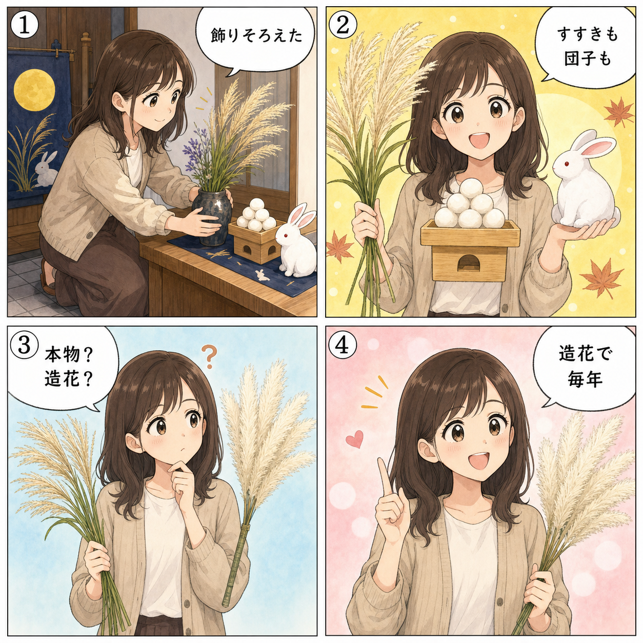 お月見グッズ選びの4コマ漫画