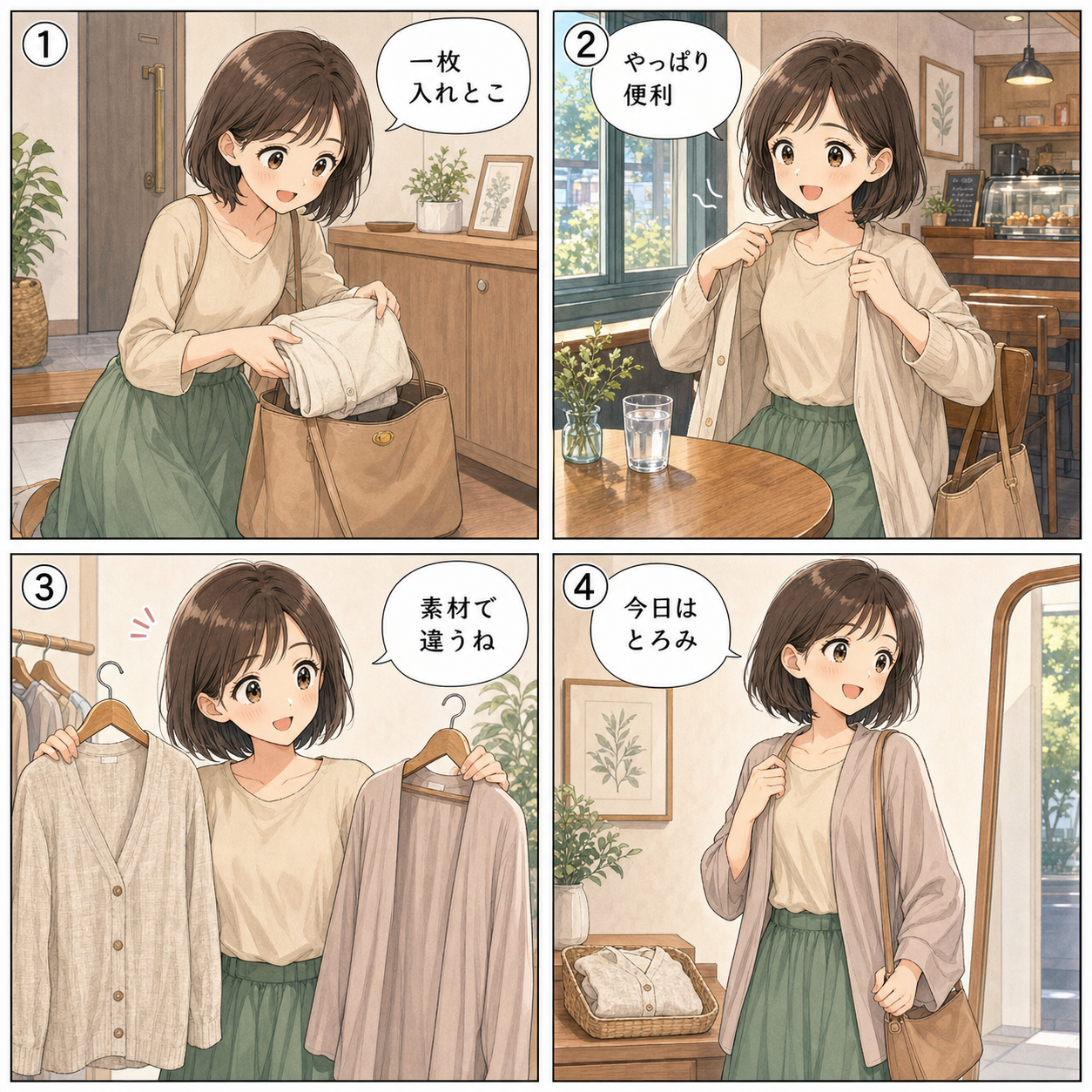 薄手カーディガンの素材と羽織りをめぐる四コマ漫画