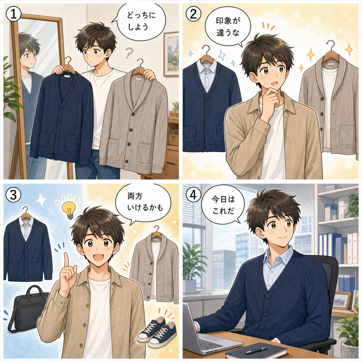 薄手カーディガンの素材と羽織りをめぐる四コマ漫画